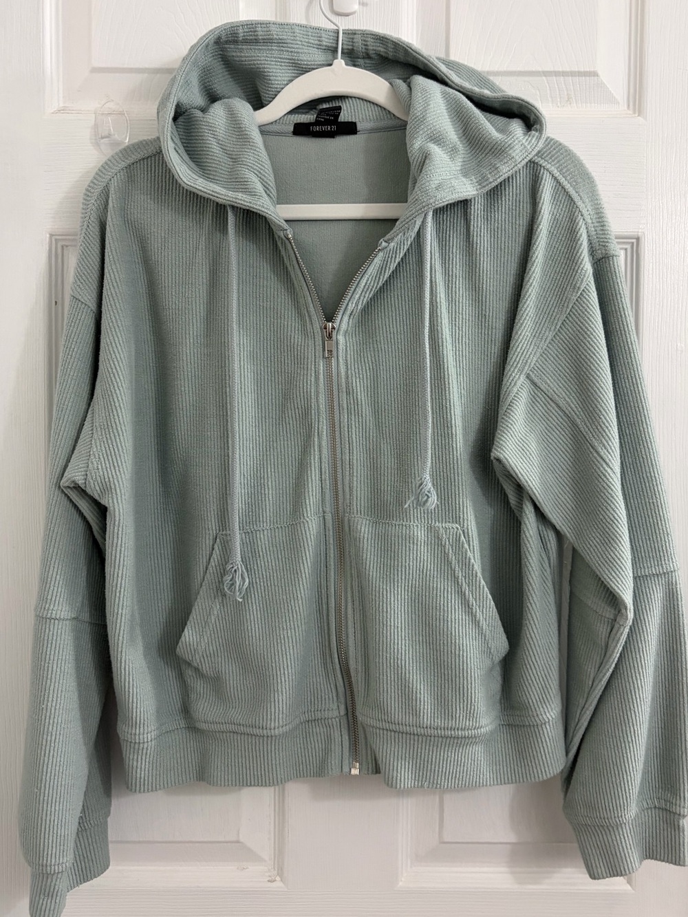 Forever 21 Light Sage Ribbed Zip Hoodie Jacket. Size medium